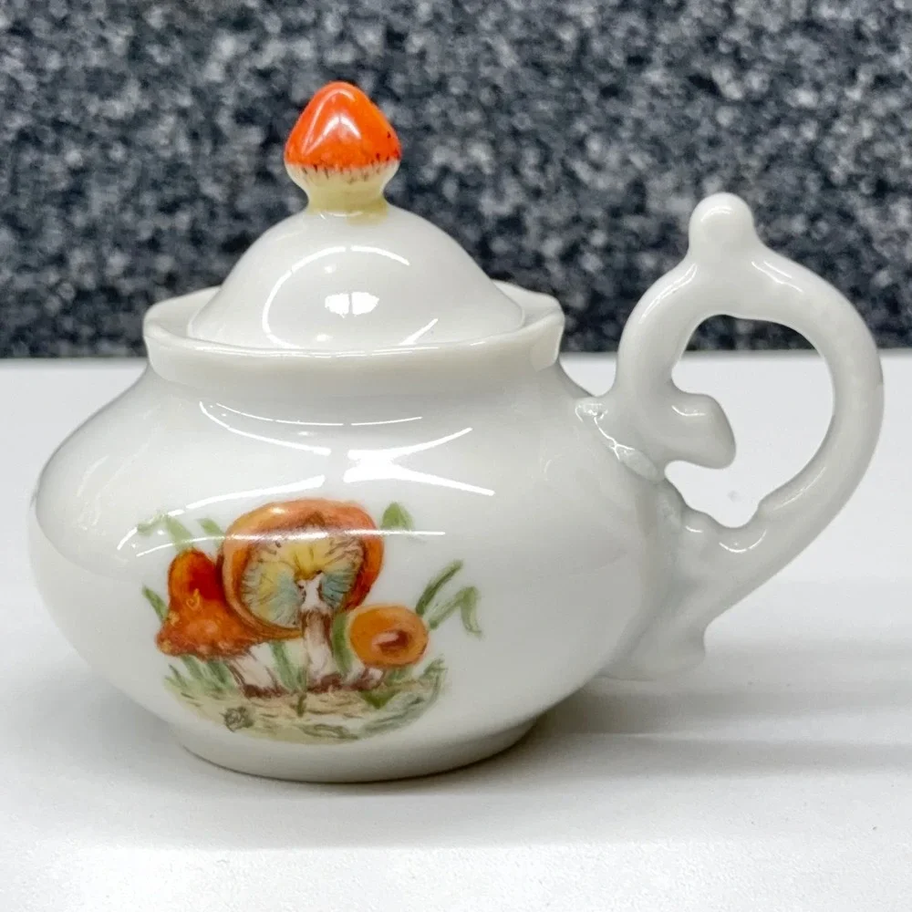 L Lancaster Hand Painted Mushroom Porcelain Jam Pot with Lid and‎ Spoon Vintage